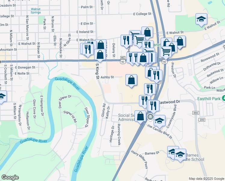 map of restaurants, bars, coffee shops, grocery stores, and more near 421 South King Street in Seguin