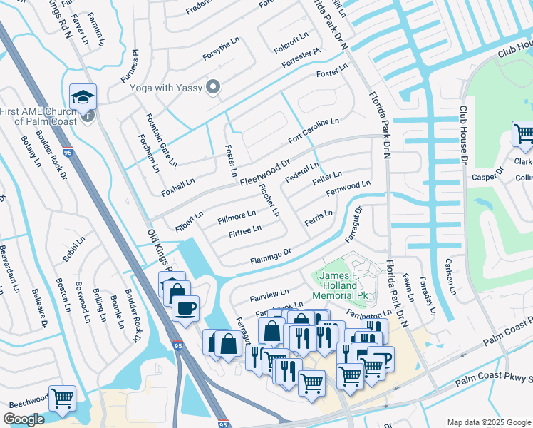 map of restaurants, bars, coffee shops, grocery stores, and more near 1 Firtree Lane in Palm Coast