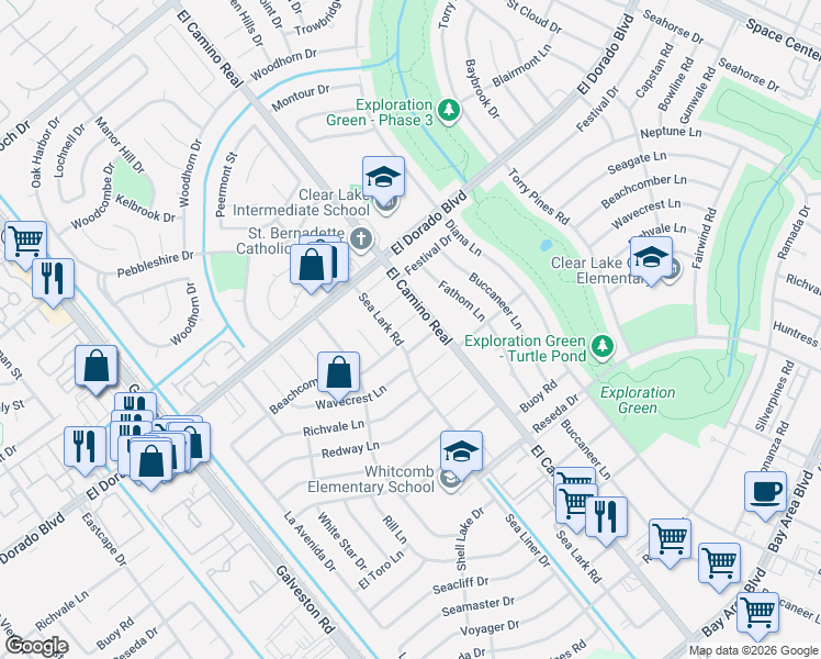 map of restaurants, bars, coffee shops, grocery stores, and more near 943 Beachcomber Lane in Houston