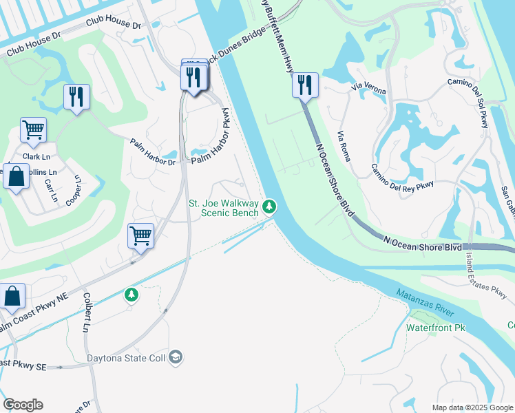 map of restaurants, bars, coffee shops, grocery stores, and more near 1000 Canopy Walk Lane in Palm Coast