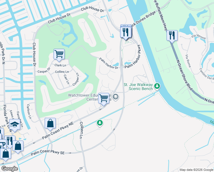 map of restaurants, bars, coffee shops, grocery stores, and more near 14 Oakmont Court in Palm Coast
