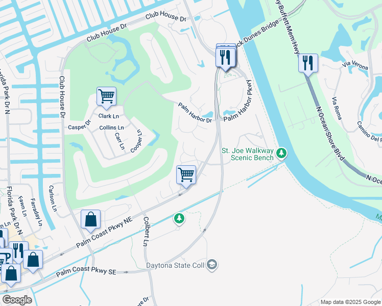 map of restaurants, bars, coffee shops, grocery stores, and more near 30 Fairways Circle in Palm Coast