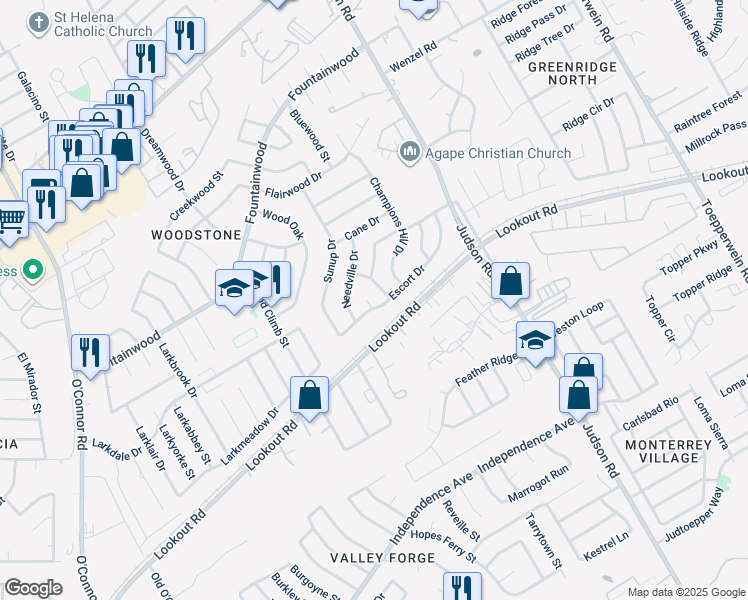 map of restaurants, bars, coffee shops, grocery stores, and more near 13726 Escort Drive in San Antonio