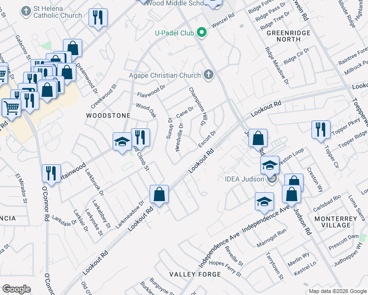 map of restaurants, bars, coffee shops, grocery stores, and more near 13726 Escort Drive in San Antonio