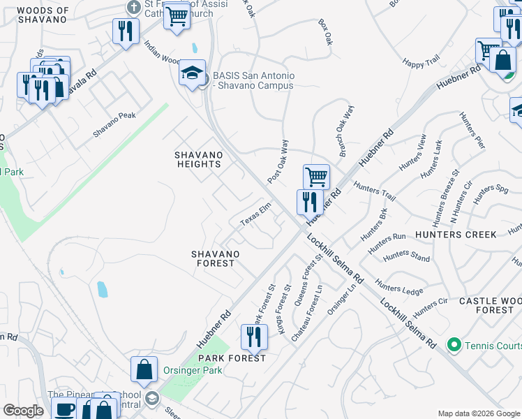 map of restaurants, bars, coffee shops, grocery stores, and more near 3838 Lockhill Selma Road in San Antonio