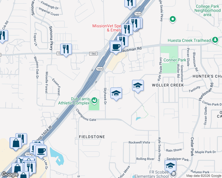 map of restaurants, bars, coffee shops, grocery stores, and more near 8400-8498 Flanagan in San Antonio