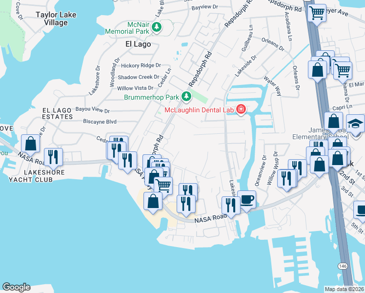 map of restaurants, bars, coffee shops, grocery stores, and more near 2138 Byrd Street in Seabrook
