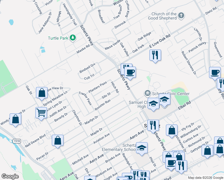 map of restaurants, bars, coffee shops, grocery stores, and more near 677 Rooster Run in Schertz