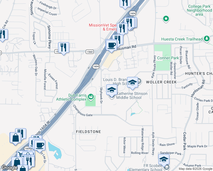 map of restaurants, bars, coffee shops, grocery stores, and more near 8400-8498 Flanagan in San Antonio