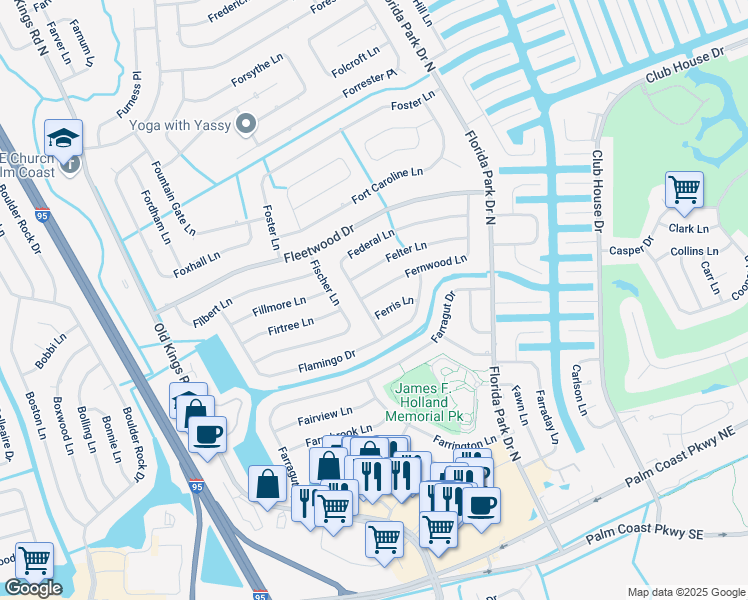 map of restaurants, bars, coffee shops, grocery stores, and more near 12 Ferris Lane in Palm Coast