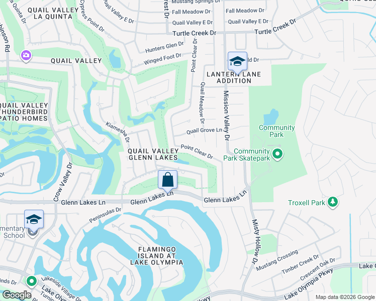 map of restaurants, bars, coffee shops, grocery stores, and more near 3930 Point Clear Drive in Missouri City