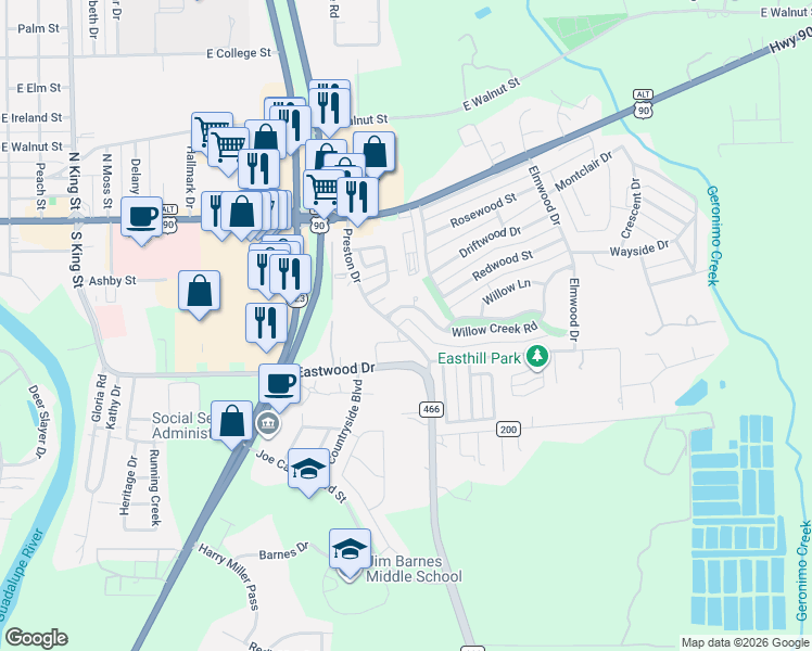 map of restaurants, bars, coffee shops, grocery stores, and more near 1525 Preston Drive in Seguin