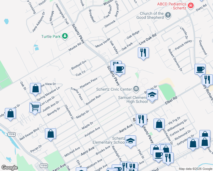 map of restaurants, bars, coffee shops, grocery stores, and more near Hitch Road in Schertz