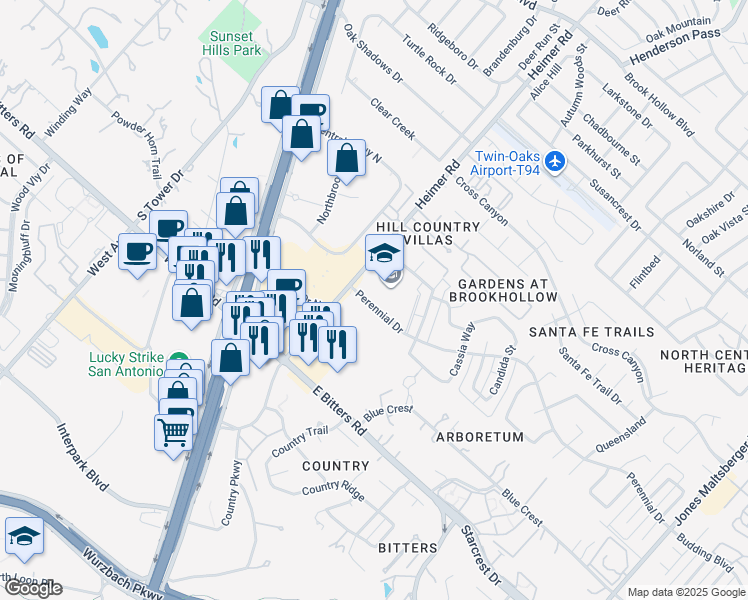 map of restaurants, bars, coffee shops, grocery stores, and more near 235 Perennial Drive in San Antonio