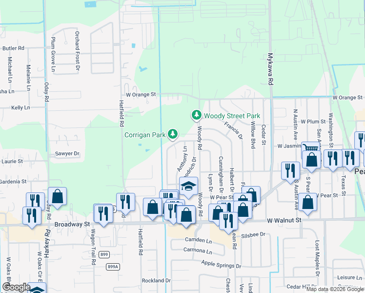 map of restaurants, bars, coffee shops, grocery stores, and more near 2304 Anthony Lane in Pearland