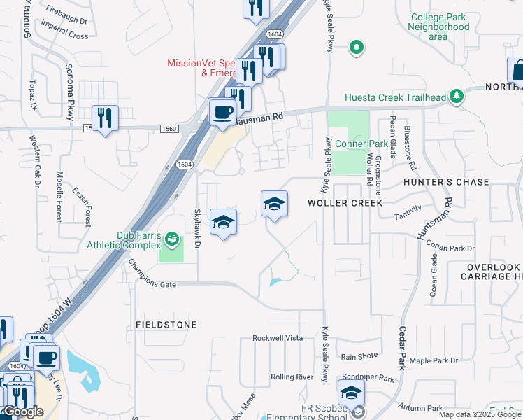 map of restaurants, bars, coffee shops, grocery stores, and more near 13011 Kyle Seale Parkway in San Antonio