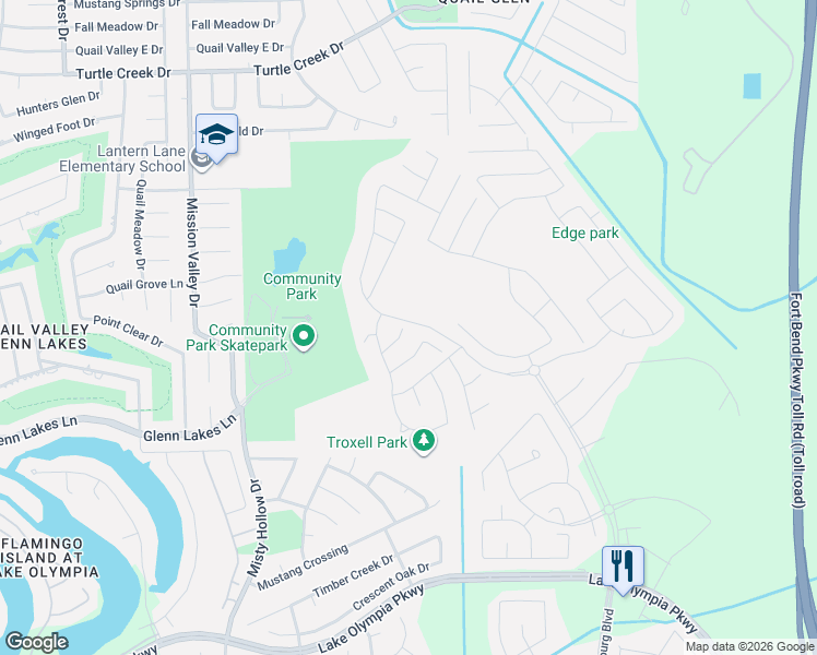 map of restaurants, bars, coffee shops, grocery stores, and more near 1410 Mateer Manor Court in Missouri City