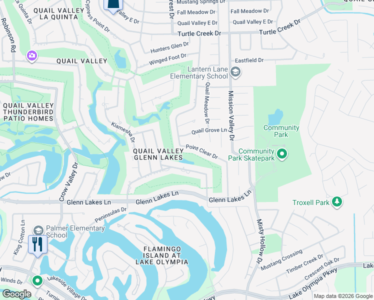 map of restaurants, bars, coffee shops, grocery stores, and more near 2114 Masters Lane in Missouri City