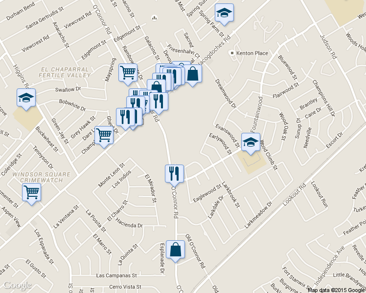 map of restaurants, bars, coffee shops, grocery stores, and more near 13656 O'Connor Road in San Antonio