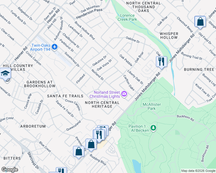 map of restaurants, bars, coffee shops, grocery stores, and more near 13542 Norland Street in San Antonio