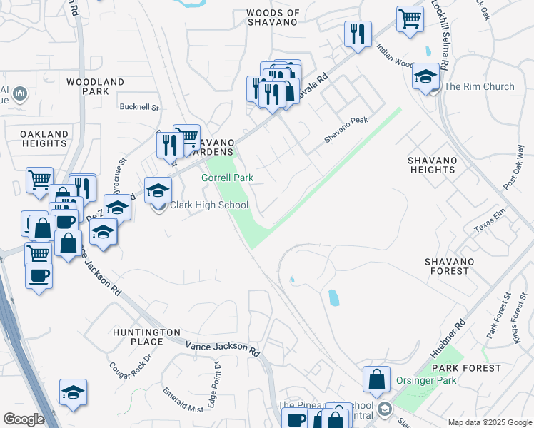 map of restaurants, bars, coffee shops, grocery stores, and more near 4855 Shavano Court in San Antonio