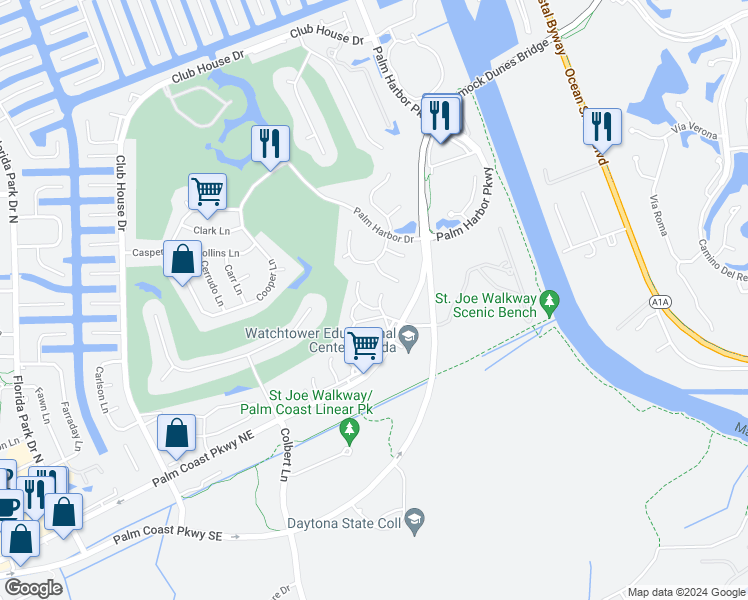 map of restaurants, bars, coffee shops, grocery stores, and more near 16 Oakmont Court in Palm Coast