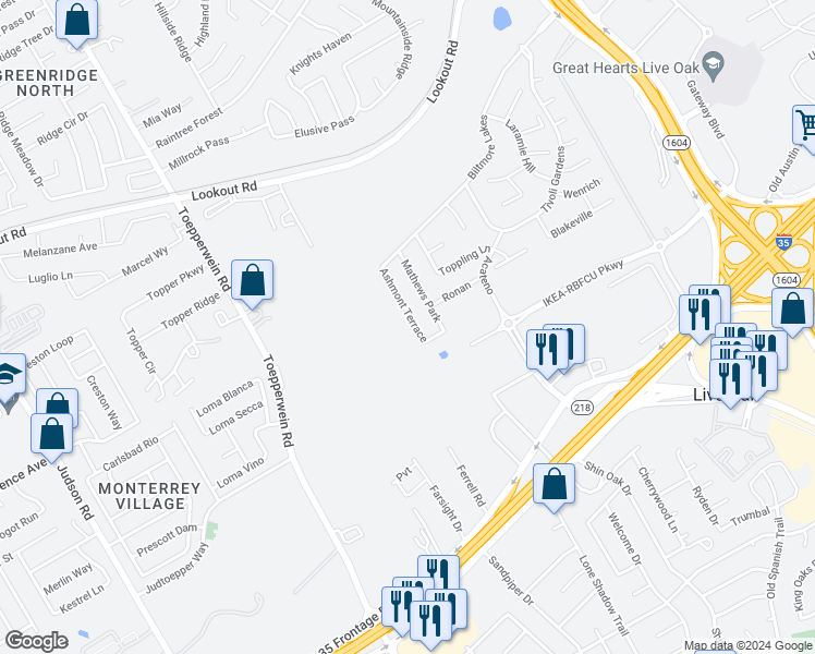 map of restaurants, bars, coffee shops, grocery stores, and more near 13511 Ashmont Terrace in San Antonio