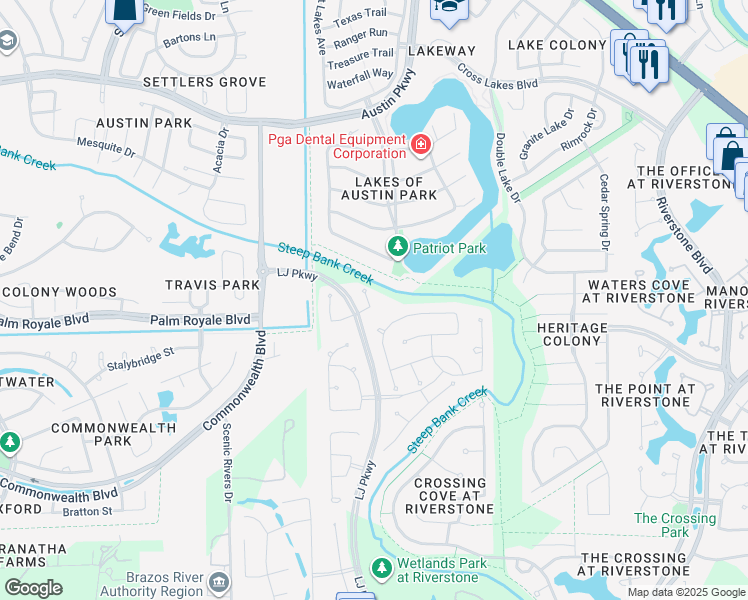 map of restaurants, bars, coffee shops, grocery stores, and more near 3819 Diamond Point Lane in Sugar Land