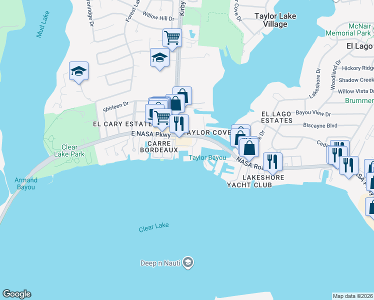 map of restaurants, bars, coffee shops, grocery stores, and more near 4445 NASA Road 1 in El Lago