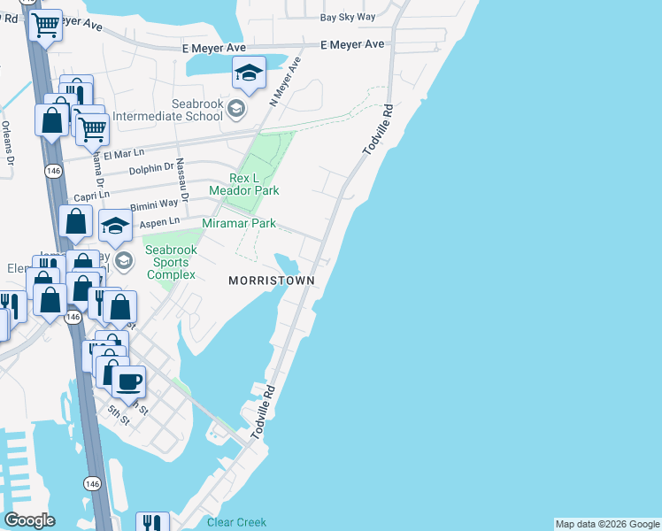 map of restaurants, bars, coffee shops, grocery stores, and more near 2020 Muecke Street in Seabrook