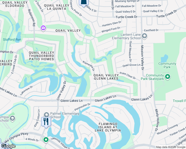 map of restaurants, bars, coffee shops, grocery stores, and more near 2310 Colonial Court in Missouri City