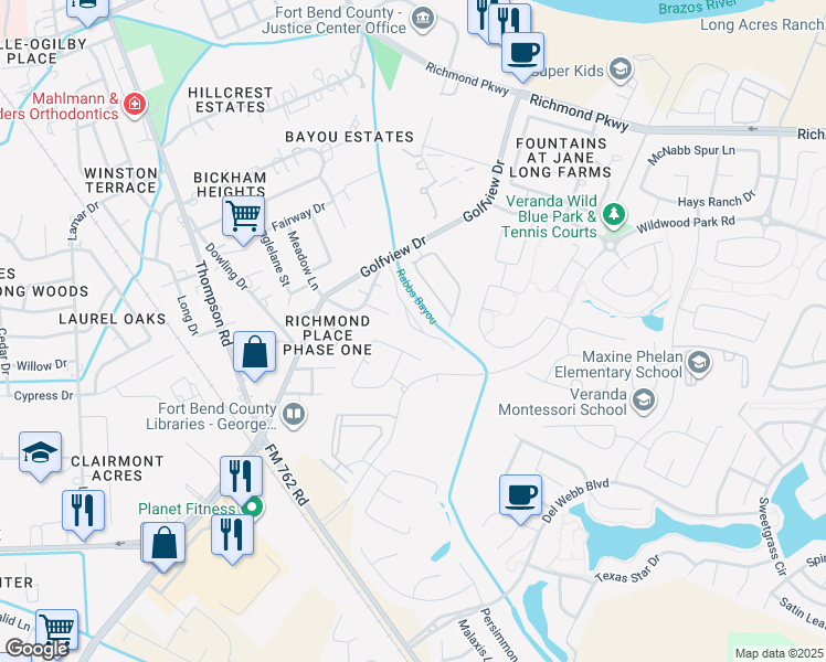 map of restaurants, bars, coffee shops, grocery stores, and more near 2222 Par Lane in Richmond