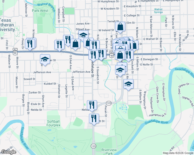 map of restaurants, bars, coffee shops, grocery stores, and more near 612 South Guadalupe Street in Seguin