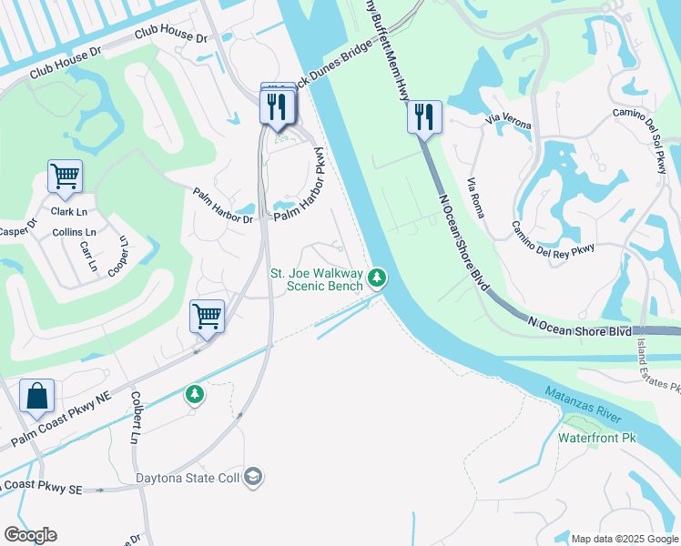 map of restaurants, bars, coffee shops, grocery stores, and more near 1100 Canopy Walk Lane in Palm Coast