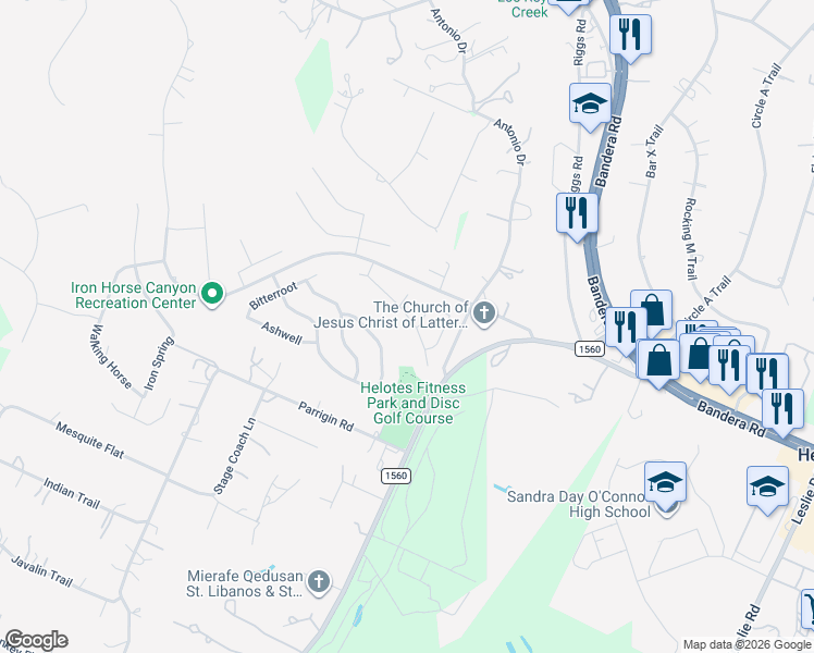 map of restaurants, bars, coffee shops, grocery stores, and more near 10414 Canyon River in Helotes