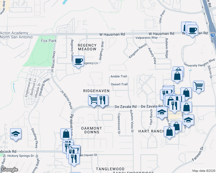 map of restaurants, bars, coffee shops, grocery stores, and more near 6301 Robinsnest Drive in San Antonio