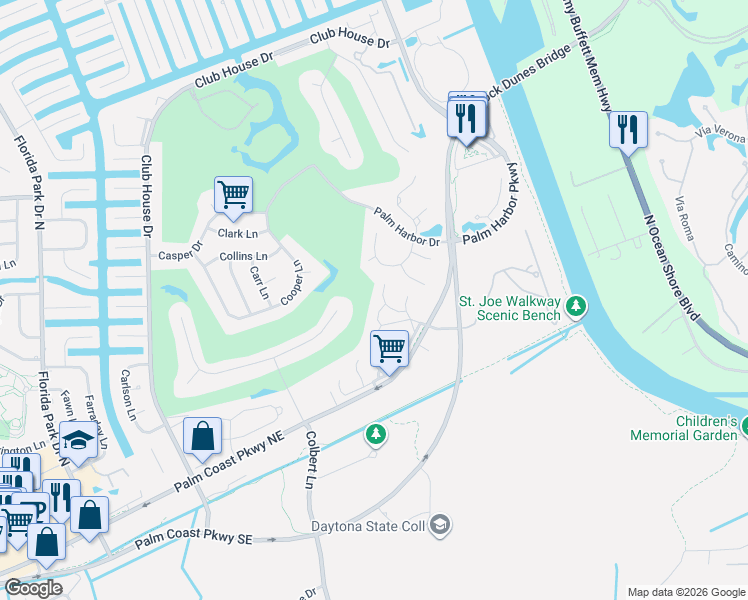map of restaurants, bars, coffee shops, grocery stores, and more near 16 Fairways Circle in Palm Coast