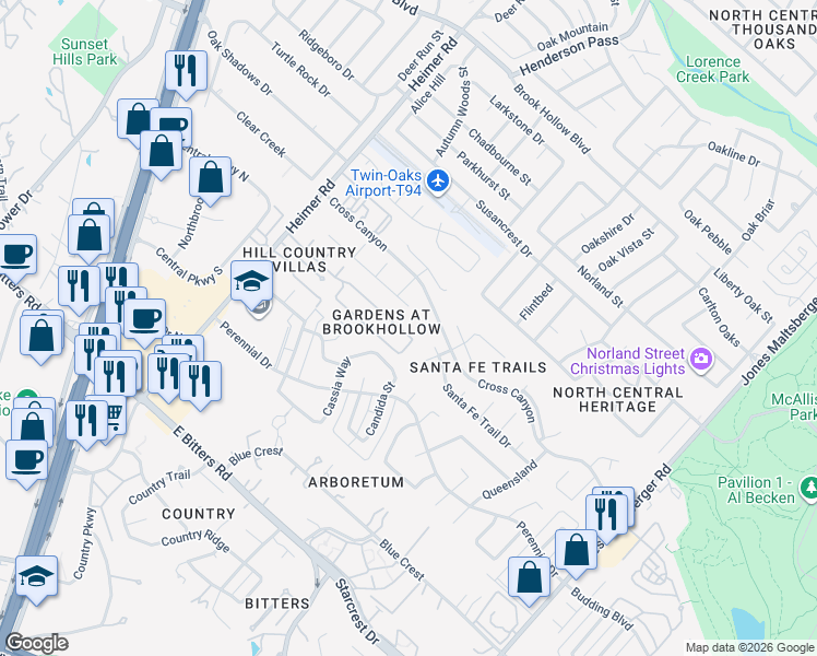 map of restaurants, bars, coffee shops, grocery stores, and more near 13143 Babbling Brook in San Antonio
