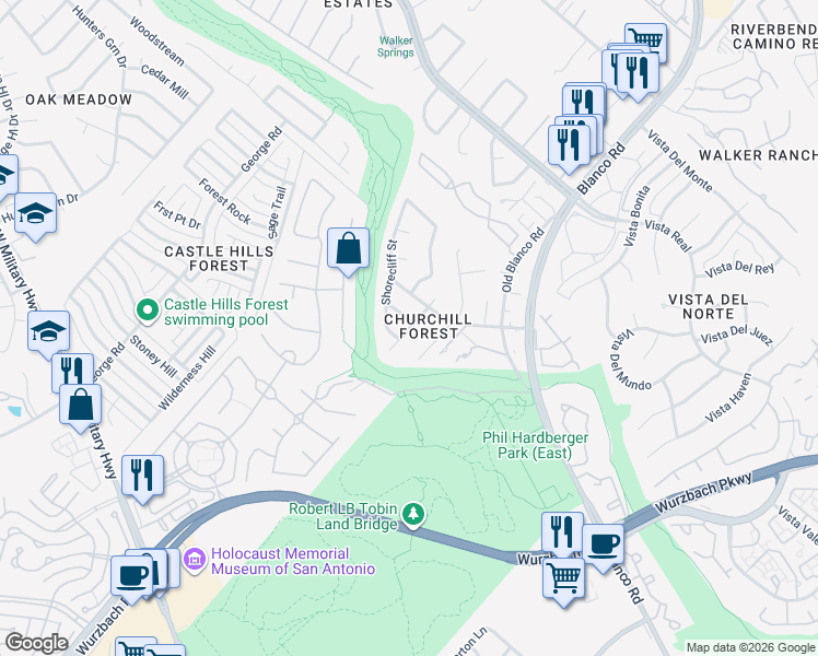 map of restaurants, bars, coffee shops, grocery stores, and more near 13211 Stairock Street in San Antonio