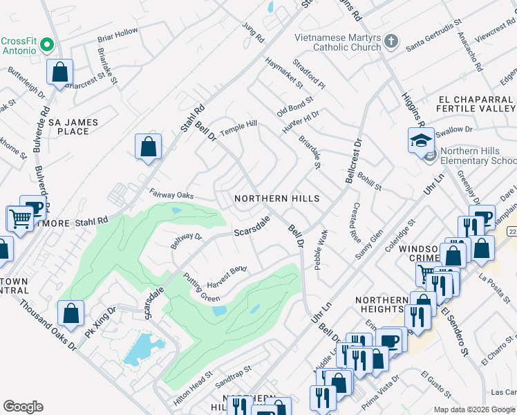 map of restaurants, bars, coffee shops, grocery stores, and more near 13631 Scarsdale in San Antonio