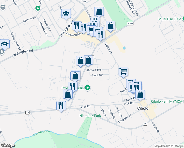 map of restaurants, bars, coffee shops, grocery stores, and more near 140 Sioux Circle in Cibolo