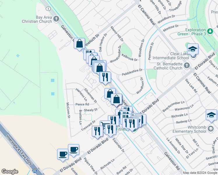 map of restaurants, bars, coffee shops, grocery stores, and more near 15240 Galveston Road in Houston
