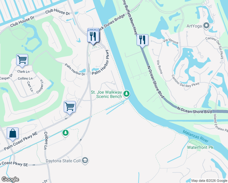 map of restaurants, bars, coffee shops, grocery stores, and more near 1000 Canopy Walk Lane in Palm Coast