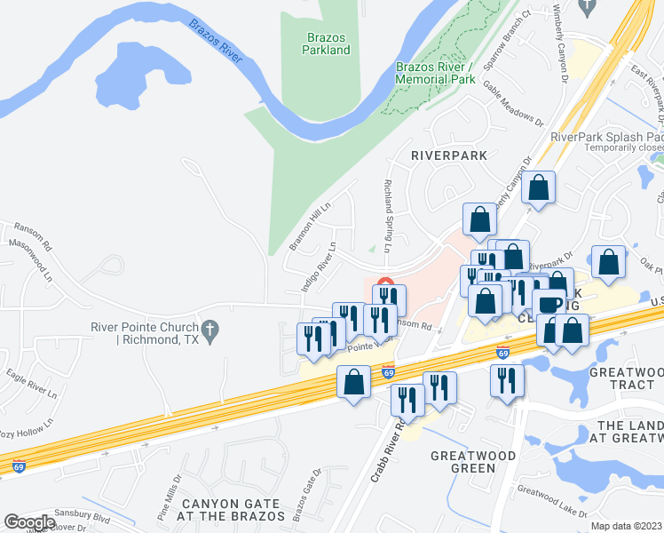 map of restaurants, bars, coffee shops, grocery stores, and more near 3210 Brook Arbor Lane in Sugar Land