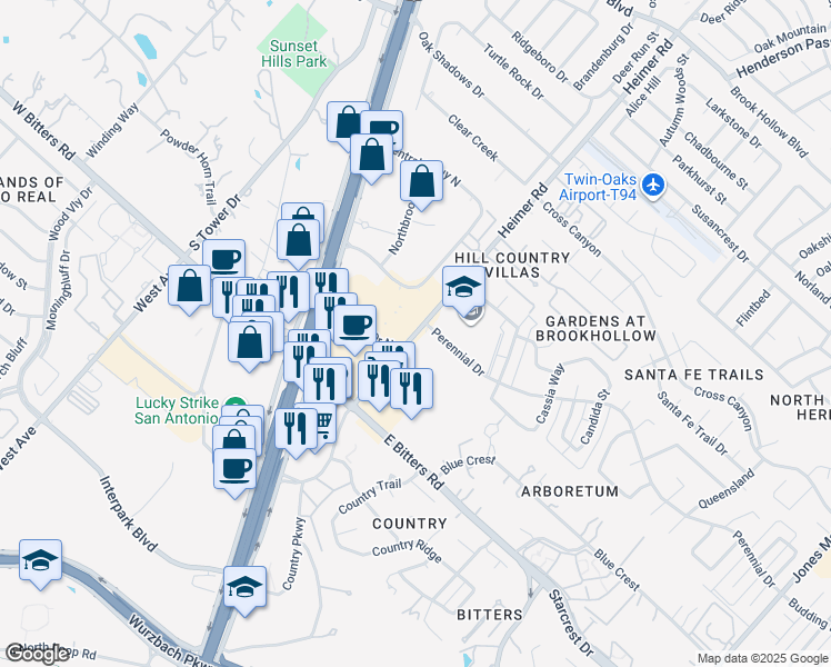 map of restaurants, bars, coffee shops, grocery stores, and more near 140 Heimer Road in San Antonio
