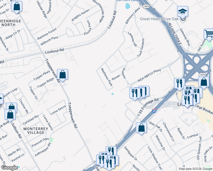 map of restaurants, bars, coffee shops, grocery stores, and more near 13507 Ashmont Terrace in San Antonio
