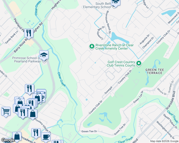 map of restaurants, bars, coffee shops, grocery stores, and more near 2412 Songlark Springs Place in Pearland