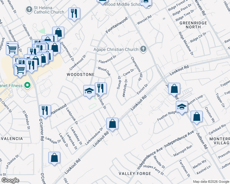 map of restaurants, bars, coffee shops, grocery stores, and more near 5622 Wood Oak in San Antonio