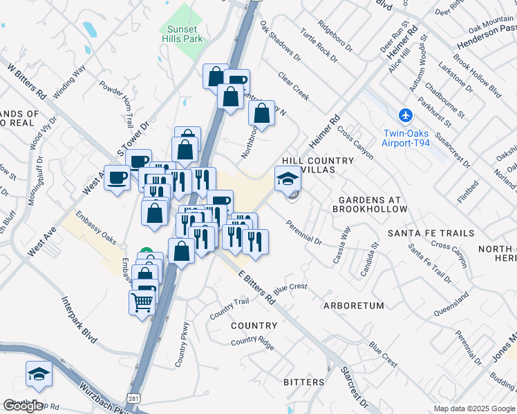 map of restaurants, bars, coffee shops, grocery stores, and more near 140 Heimer Road in San Antonio