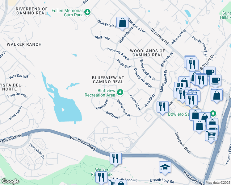 map of restaurants, bars, coffee shops, grocery stores, and more near 13715 Bluffcircle in San Antonio
